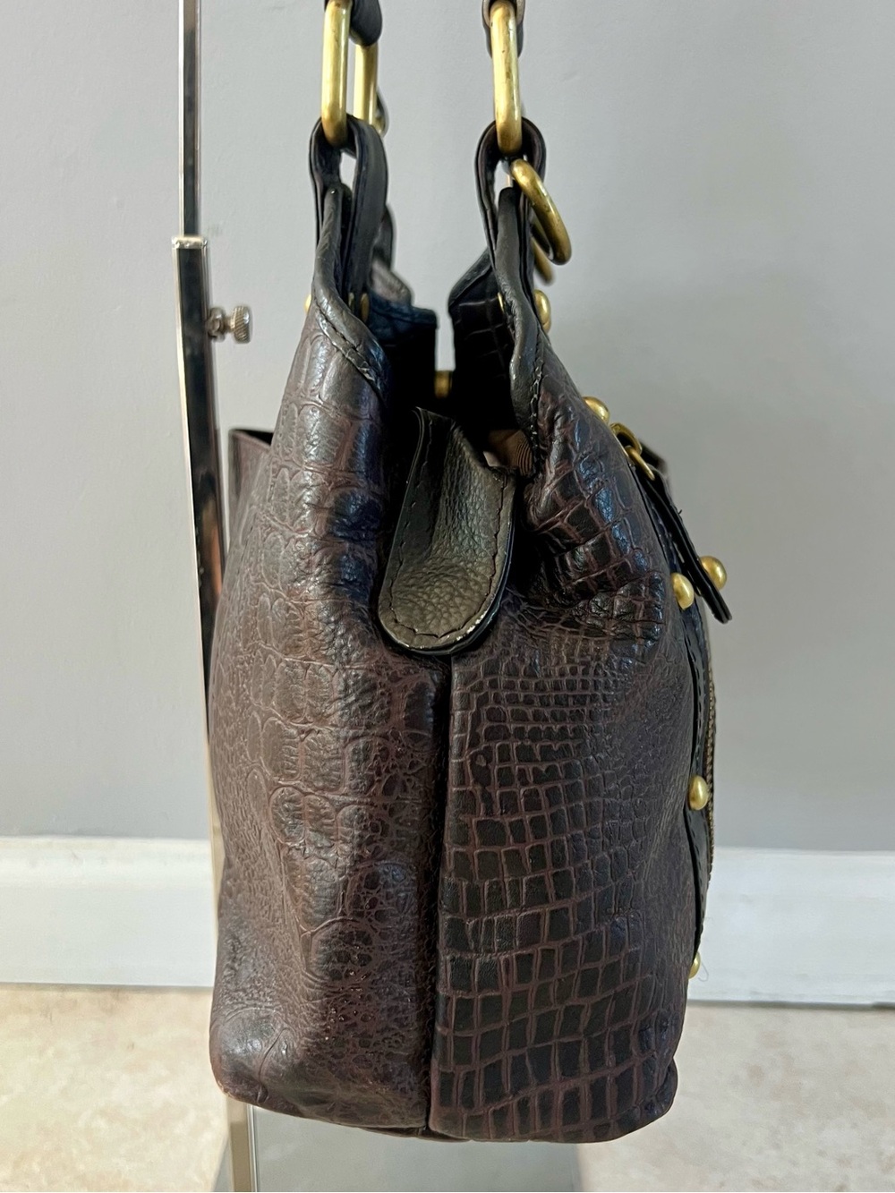 Great American Leatherworks Satchel Shoulder Bag Croc Embossed Brown Black - Picture 4 of 12